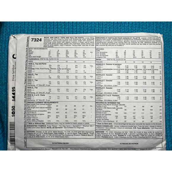 McCalls 7324 pattern Kids pullover quarter zip pants hoodie size 10 12 14 - Picture 3 of 5